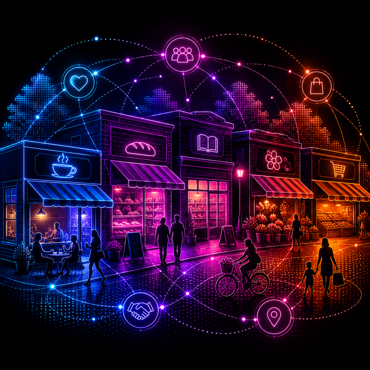 A vibrant neon-lit local main street with a coffee shop, bakery, bookstore, flower shop, and grocer — connected by icons representing community, loyalty, and local commerce