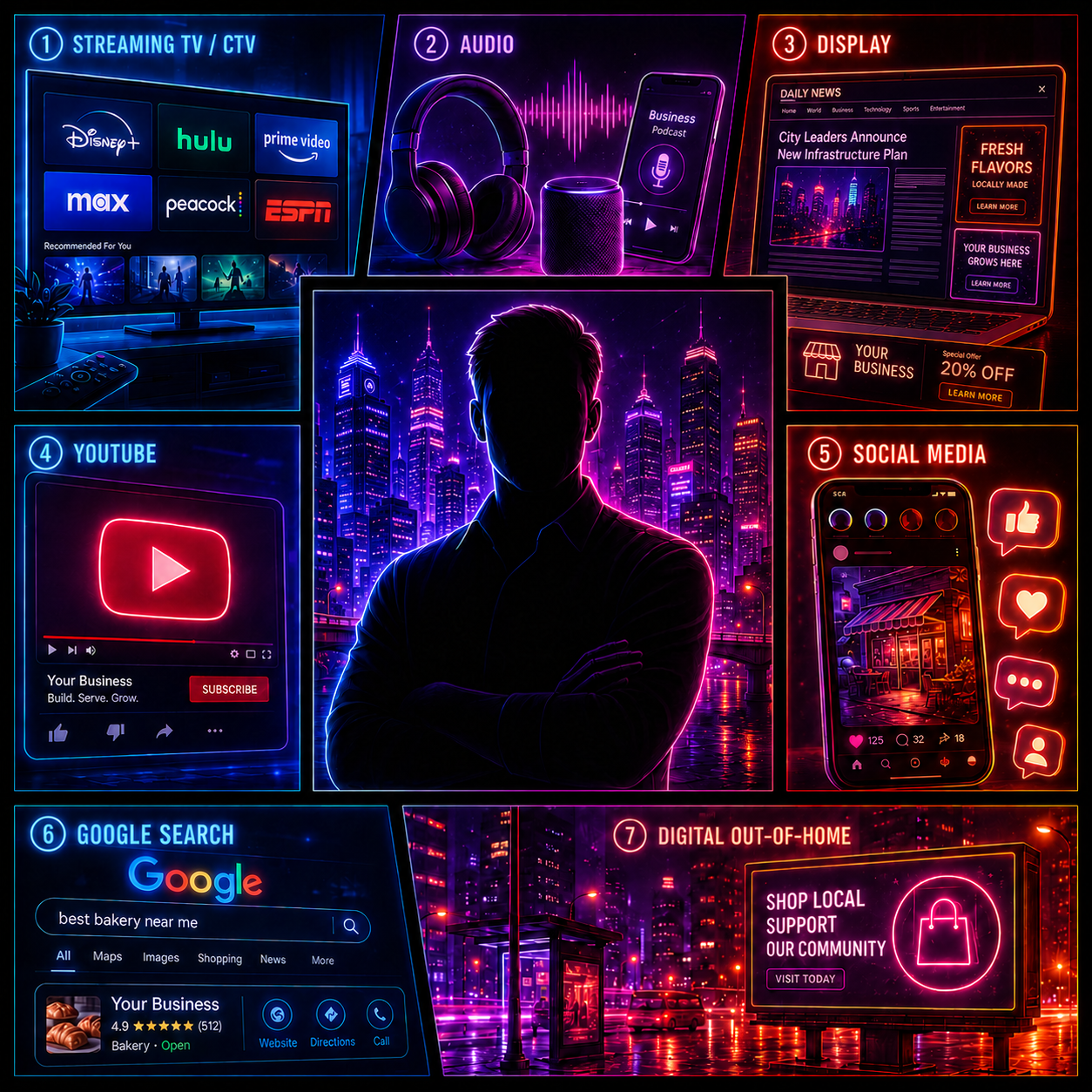 The seven channels available on Pilot: Streaming TV/CTV, Audio, Display, YouTube, Social Media, Google Search, and Digital Out-of-Home
